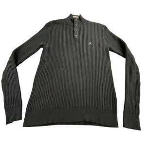Nautica Sweater Mens Large Black Ribbed Mock Neck Henley Knit Pullover Sail Logo